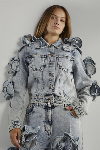 denim acid wash jacket with ruffled details