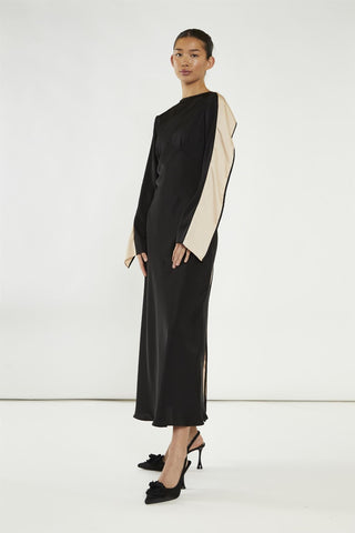 Black-Nude Waterfall Ruffle Maxi-Dress