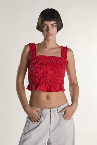 Red Cropped Smocked Top