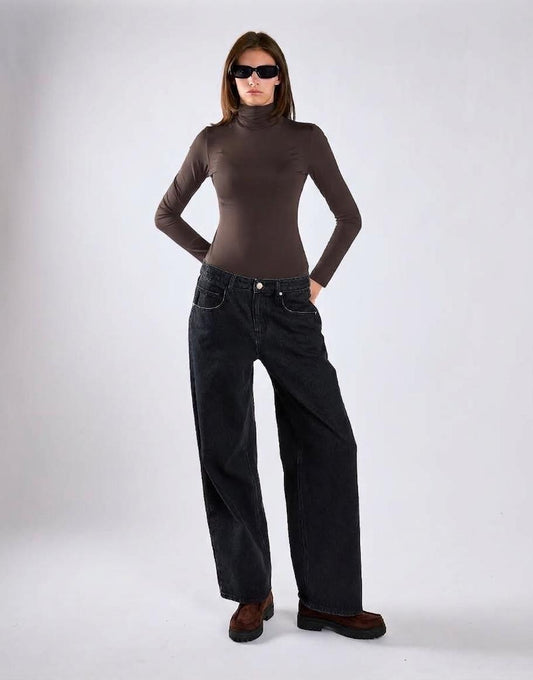 Deep Brown High-Neck Long Sleeves Bodysuit