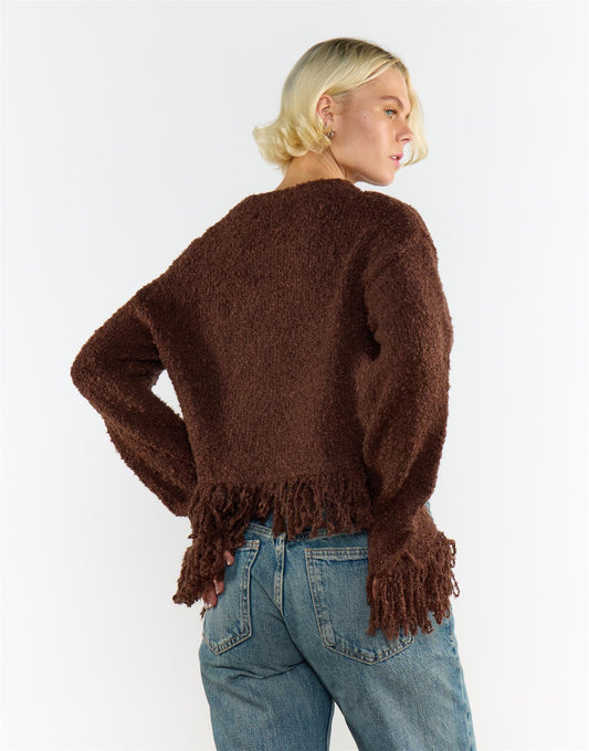Chocolate Brown Fringe Trim Long Sleeve Jumper