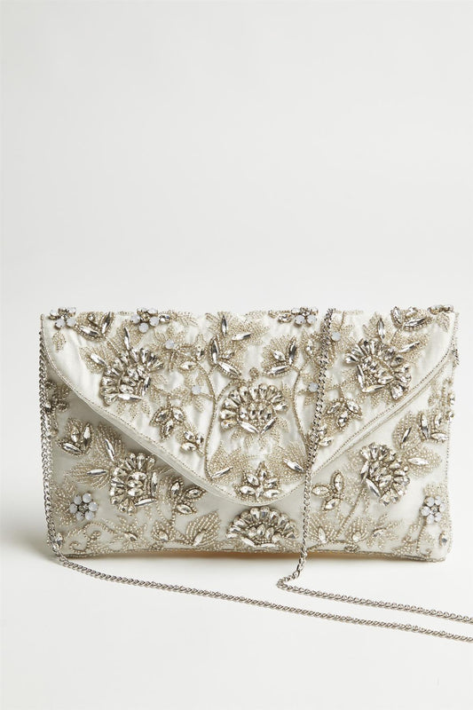 Silver Embellished Envelope Clutch-Bag