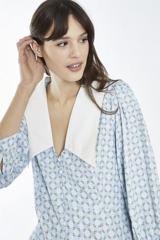 Pale-Blue Ditsy Button-Through Collared Mini-Dress