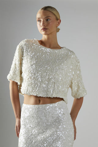 Matt-White-Sequin Boxy Crop-Top