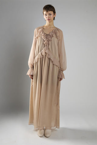 Nude Crinkle Long Sleeve Ruffle Maxi Dress