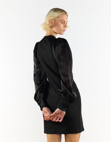 Crew Neck Puff Sleeve Mini Dress in Black
