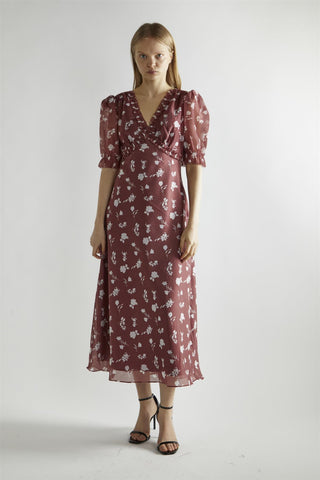 Burgundy-Floral Organza V-Neck Midaxi-Dress