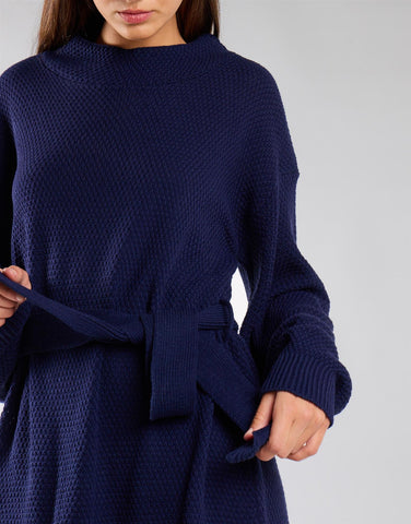 Navy Belted Long-Sleeves Knit Mini Dress