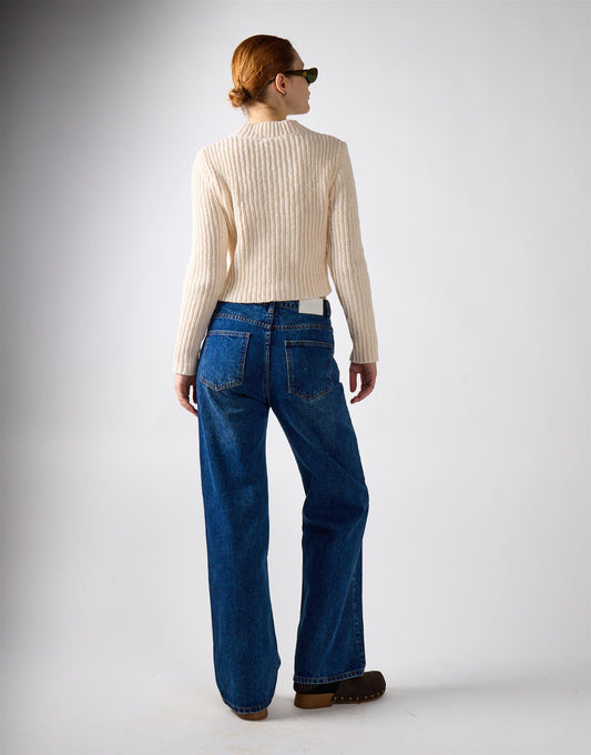 Dark Blue Stonewash Wide Leg Jeans