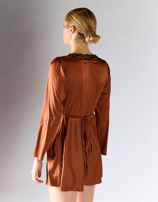 Copper Satin Long-Sleeves Lace Trim Mini Dress