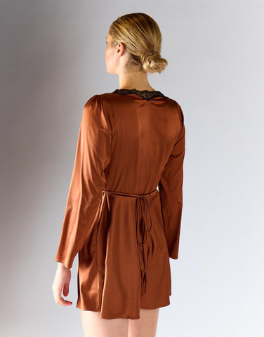 Copper Satin Long-Sleeves Lace Trim Mini Dress