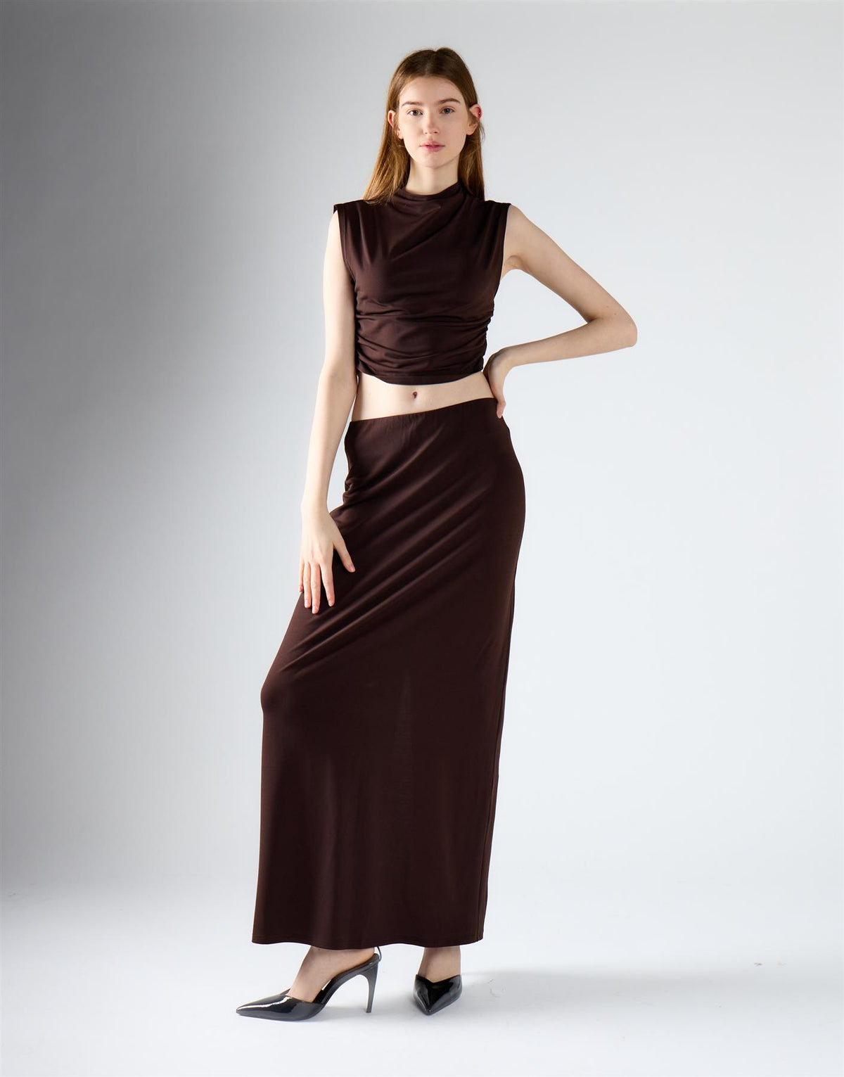 Brown Low-Waist Column Maxi Skirt