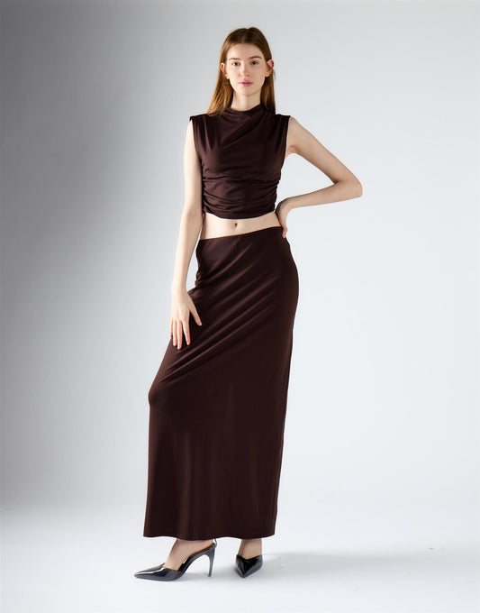 Brown Low-Waist Column Maxi Skirt