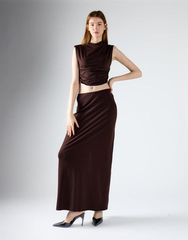 Brown Low-Waist Column Maxi Skirt