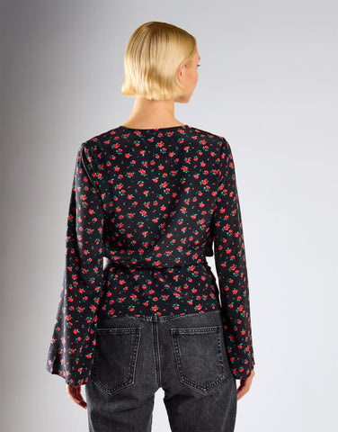 Black Red Roses Wrap Tie Waist Top