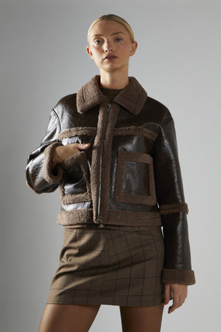 Shearling Crop Coat - Dark Brown