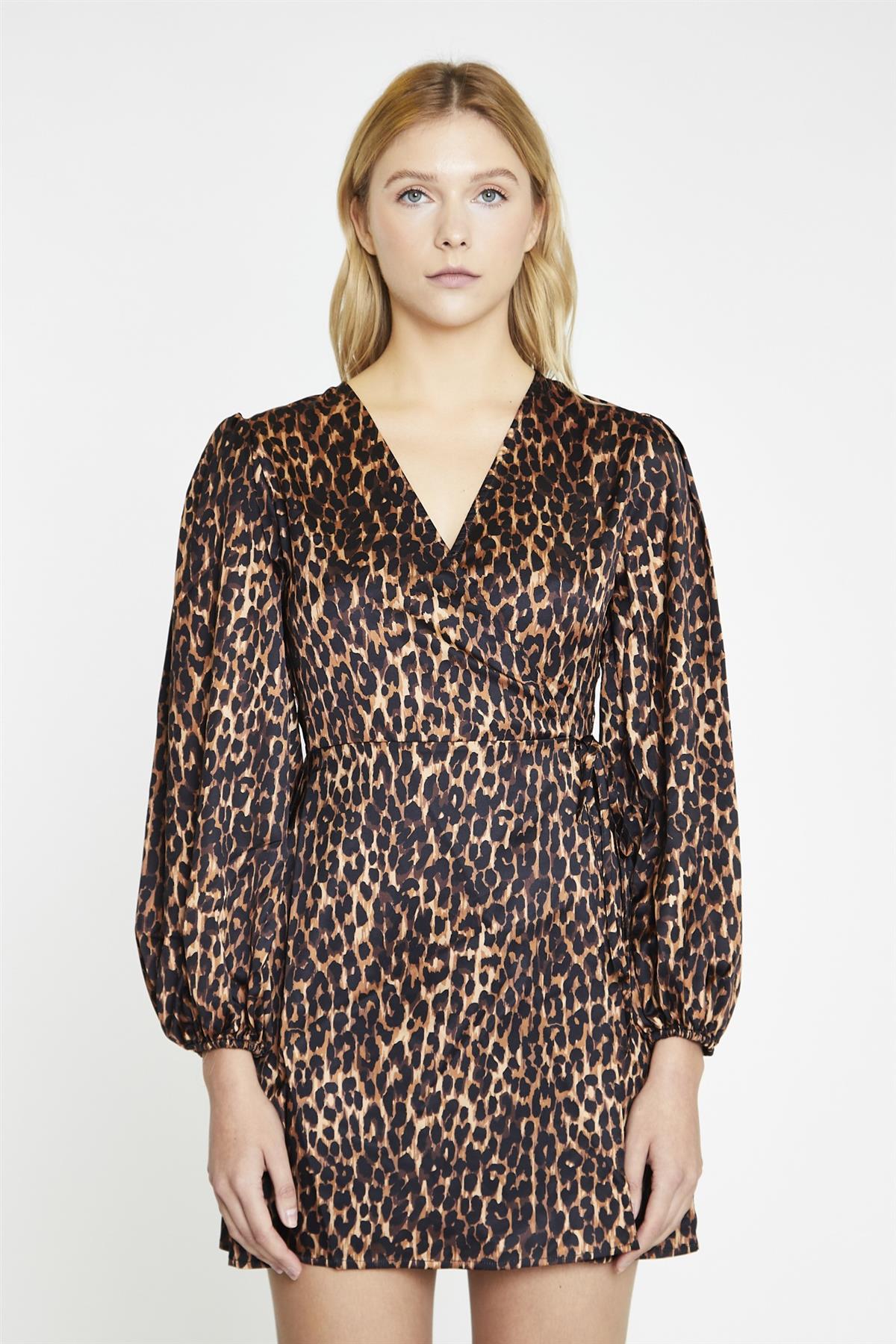 Brown Leopard Wrap Mini-Dress