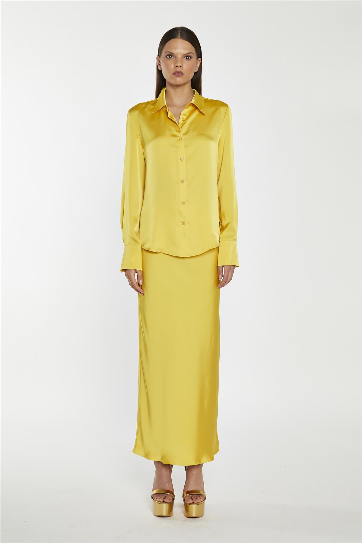 Yellow Satin Bias-Cut Midi-Skirt