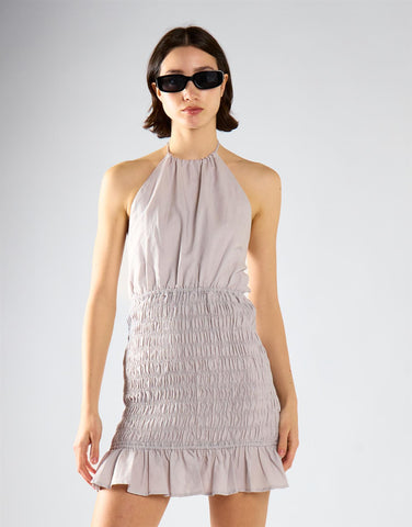 Light-Grey Halter-Neck Shirred Mini Dress