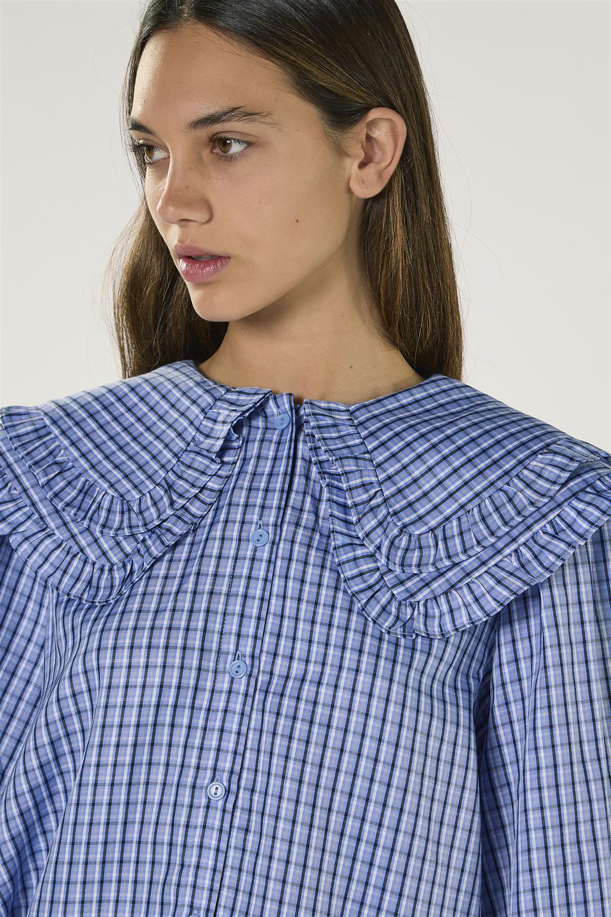 Pale Blue Check Statement Collar Blouse