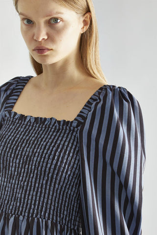 Blue-Black Stripe Shirred Midi-Dress