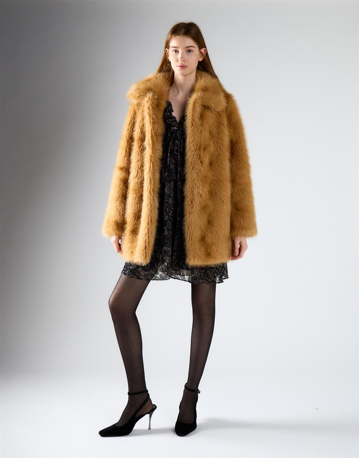 Tan Mottled Fur Mid-Length Coat