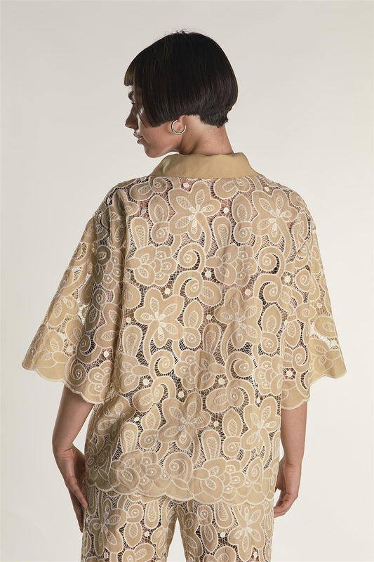 Sand Embroidered Flare Short Sleeve Shirt