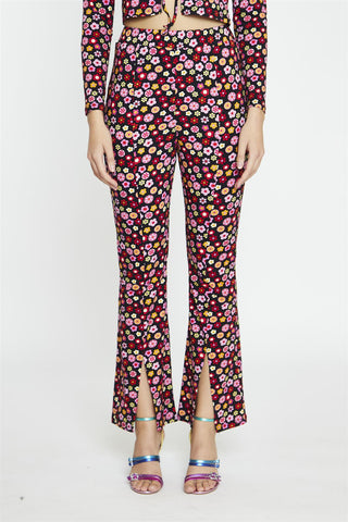 Black 60S Flower Split-Front Flared Trousers
