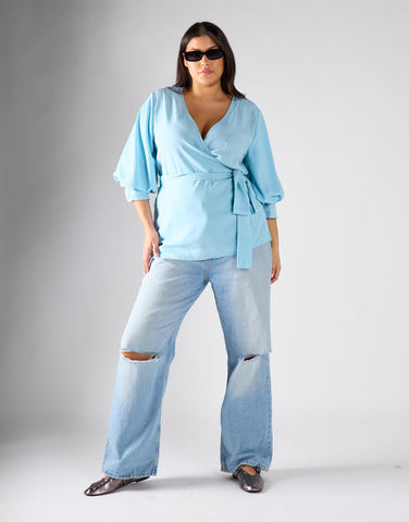 Glamorous Curve Pastel Blue Wrapped Top