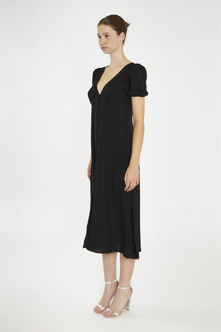 V-Neck Puff Sleeve Midi Dress - Black