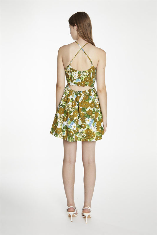 Large-Brown-Green-Floral Cross-Over-Halter-Neck Mini-Dress