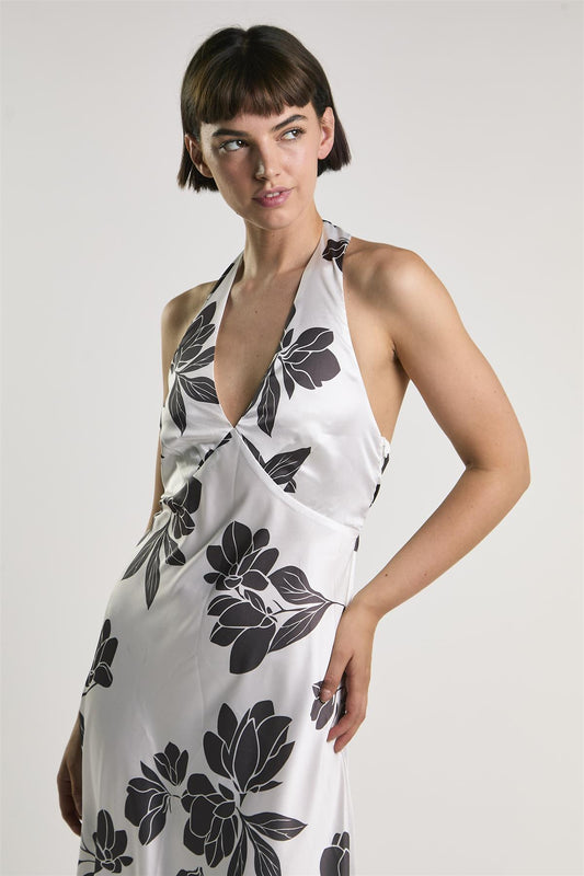 White Brown Floral Halter Neck Midaxi Dress