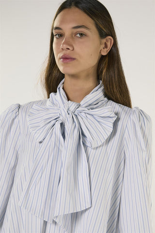 White Blue Stripe Bow Mini Dress