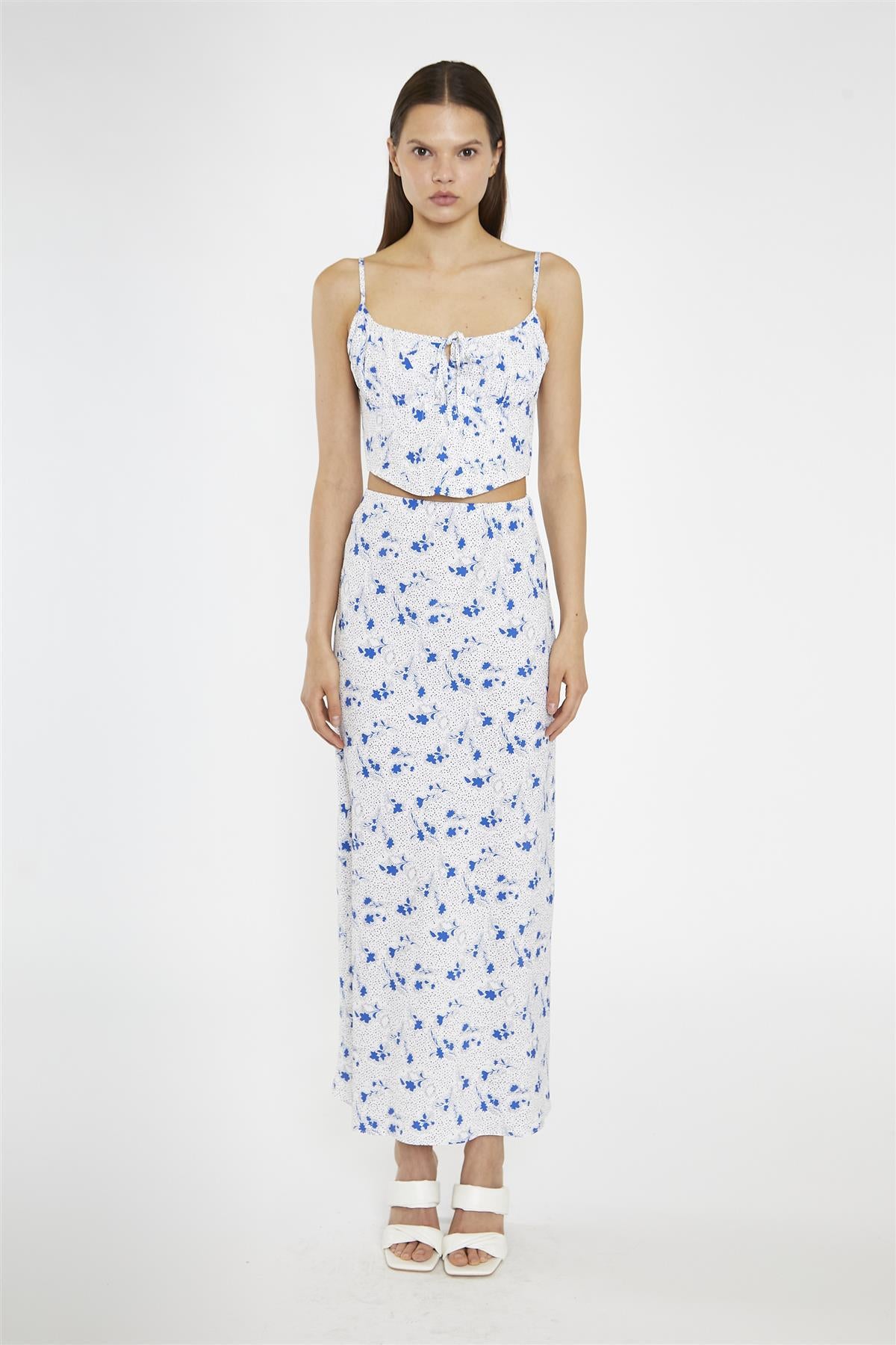 Blue-Dot Vintage-Floral Bias-Cut Midi-Skirt