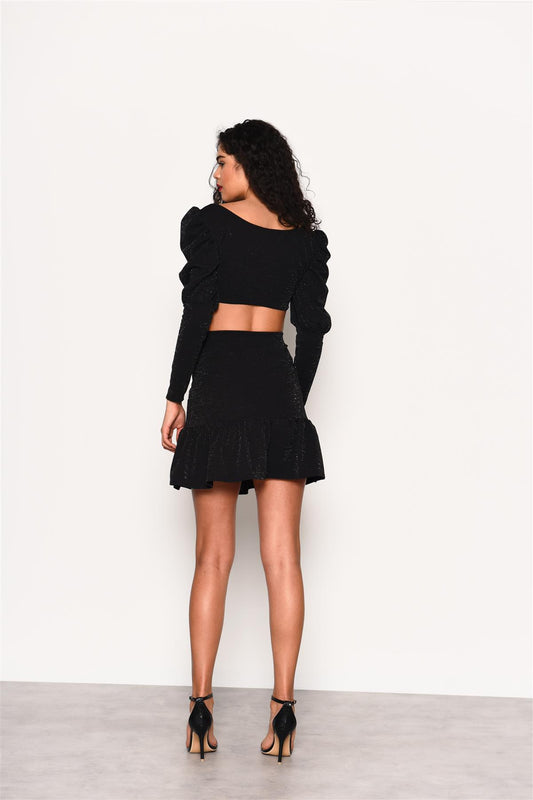 Black-Lurex High-Waisted-Ruffle Mini-Skirt