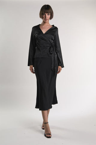Black-Sateen Long Sleeve Wrap Top