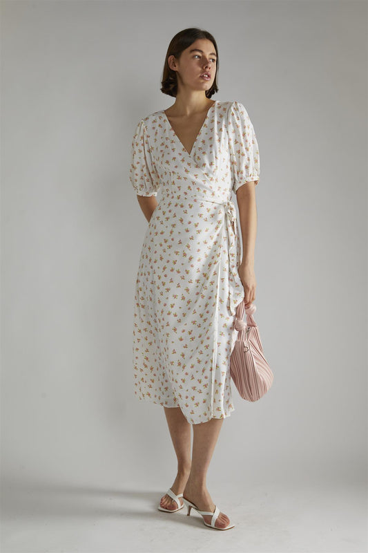 White Pink Ditsy V-neck Wrap Midi-Dress