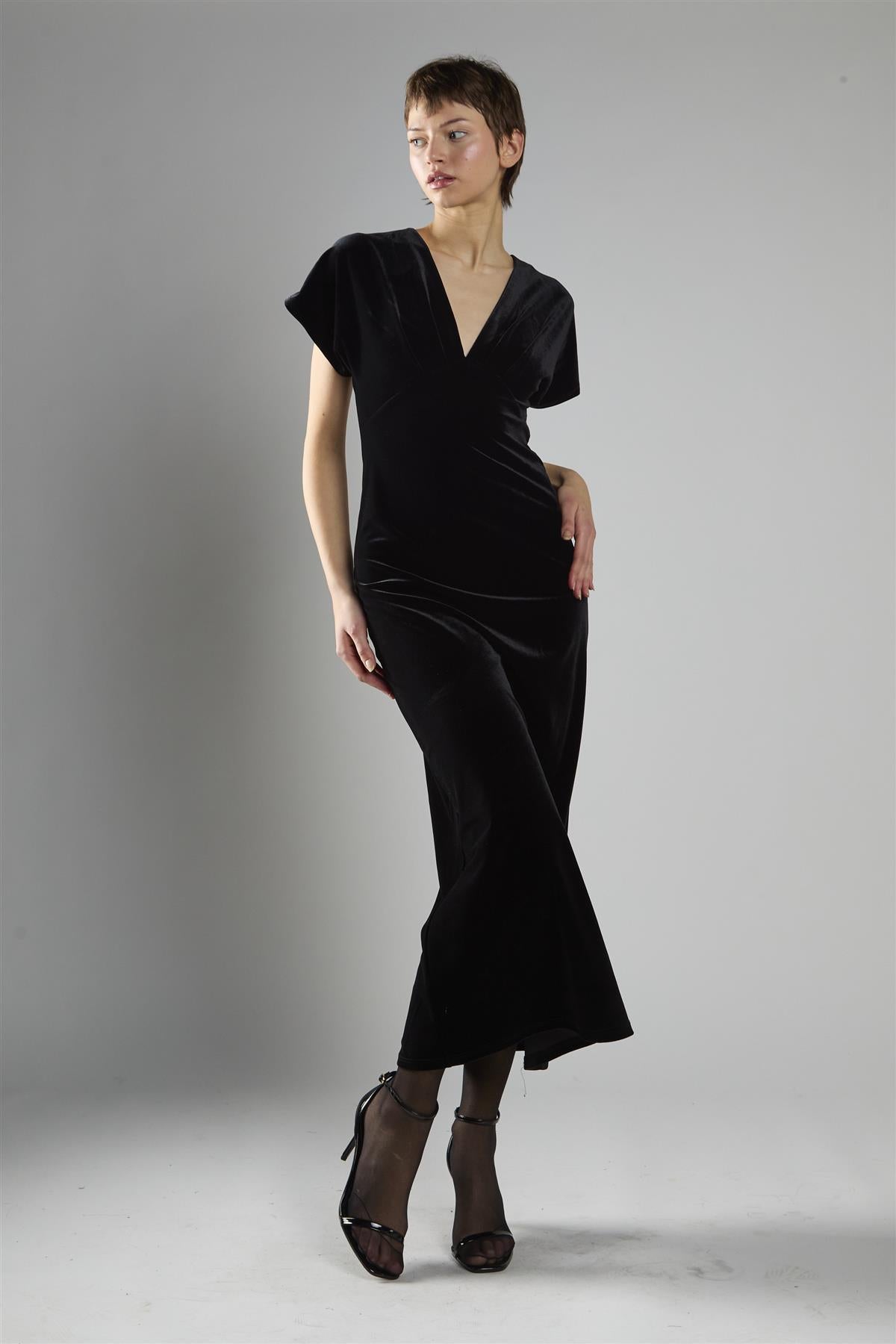 Black Velvet Short Sleeve V-Neck Maxi Dress