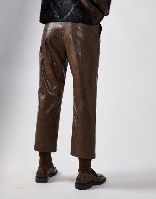 Brown Pu Straight Leg Cropped Trousers