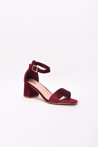 Burgundy Block Heel Gold Buckle Sandals
