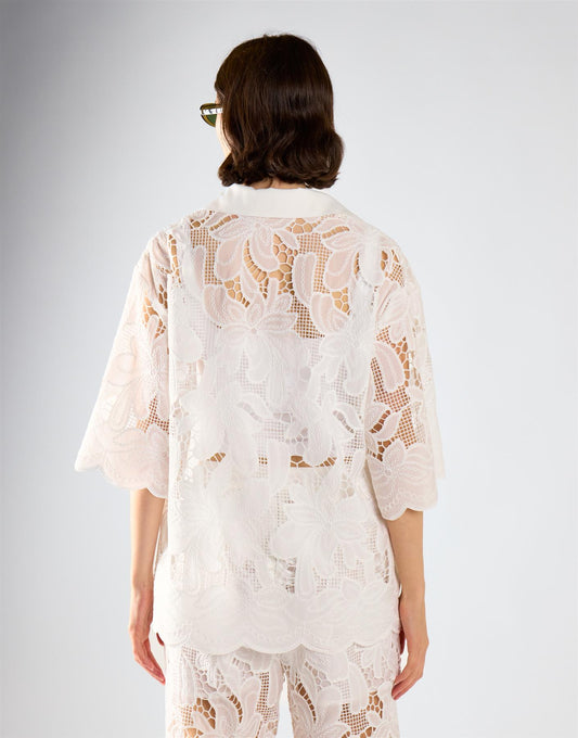 White Embroidered Flare Short Sleeve Shirt