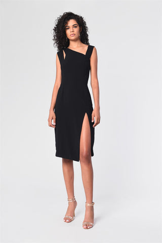 Black Asymmetric-Cut-Out Midi-Dress
