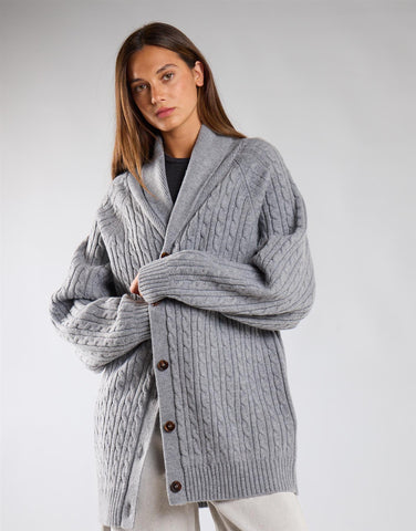 Grey Marl Cable Knit Midi Length Cardigan