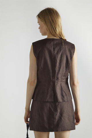 Dark Brown Button Front Crew Neck-Top