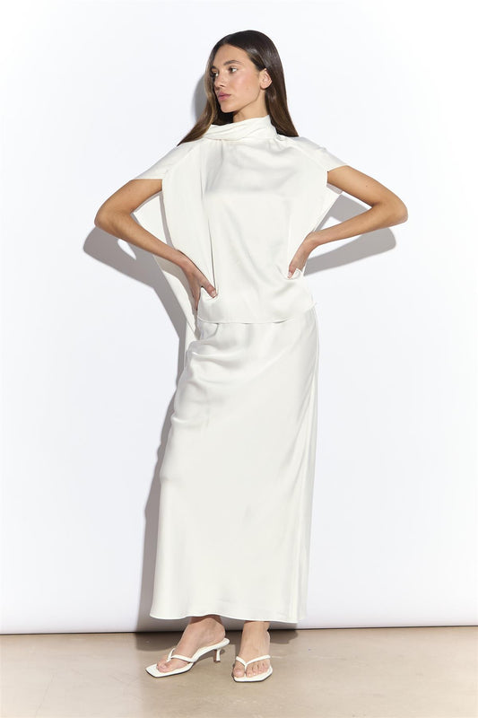 White Satin Bias Midi Skirt