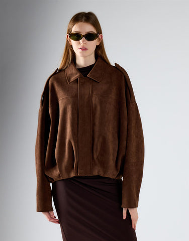 Brown Suedette Boxy Collared Jacket
