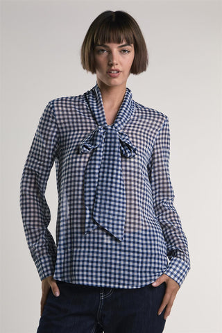 Navy/White-Gingham Front-Tie Long-Sleeve-Top