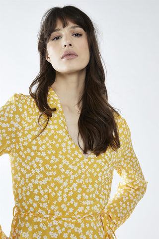 Yellow-White Ditsy V-Neck Skater Mini-Dress