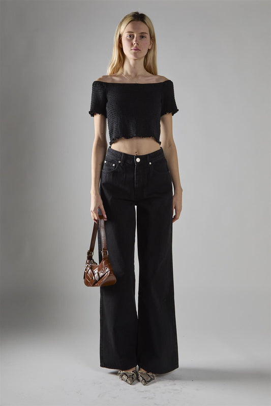 Black Shirred Bardot Crop-Top