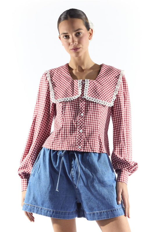 Red Gingham Blouse with Oversized Collar and Trim